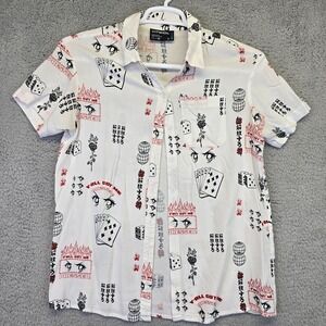 Vitriol Men's Shirt Size Small‎ White Short Sleeve Button Up Anime Flames Cards